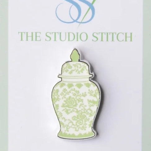 Green and White Ginger Jar Needle Minder